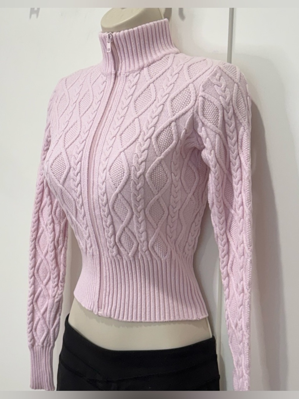 Skims Snow Bunny Cable Knit Zip Up Sweater Small Baby Pink Coquette Cozy Chic - Picture 6 of 11